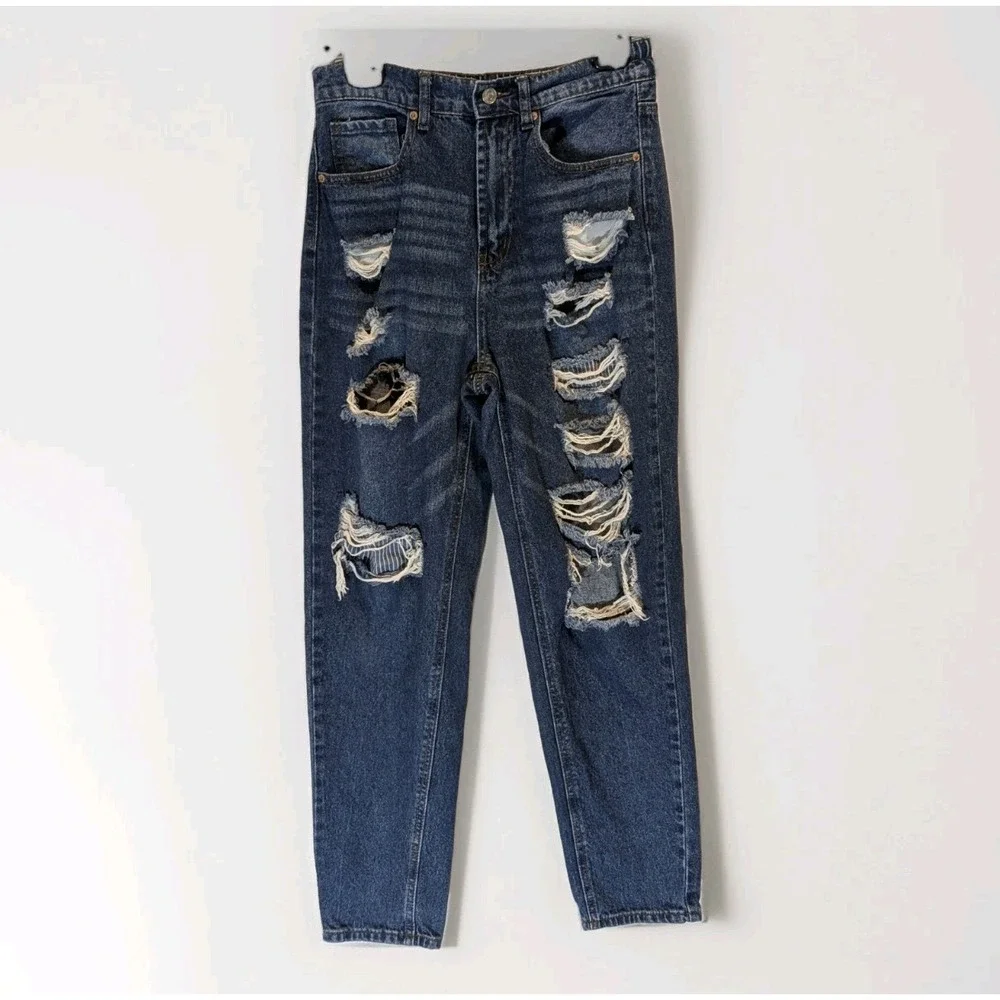 Y2K Grunge Distressed Mom Jeans High Rise Medium Wash Denim Size M